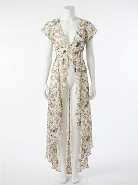 Hommage Floral Sheer High Low Duster Kimono Maxi Top Flutter Sleeve Womens Small